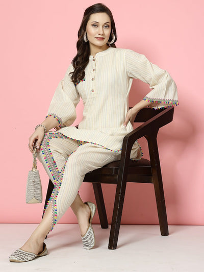 Kantha Work Mandarin Collar Kurti with Dhoti Pants, cream and multicolored, three-quarter sleeves, mandarin collar, button closure, elasticated waistband.