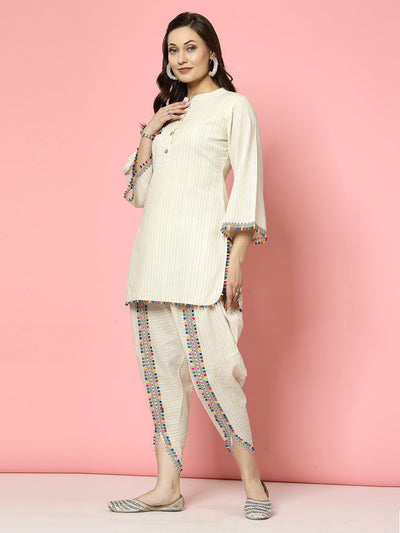 Kantha work mandarin collar kurti with dhoti pants featuring cream and multicolored embellishments.