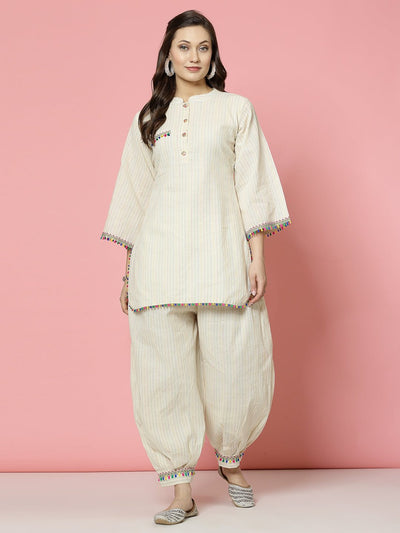 Kantha Work Mandarin Collar Tunic with Afghani Pants Co-Ords set with multicolored lace detailing.