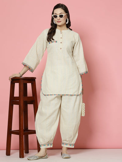 Kantha Work Mandarin Collar Kurti with Afghani Pants, cream multicolored design, three-quarter sleeves.