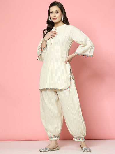 Kantha work mandarin collar kurti with Afghani pants, cream multicolored design.