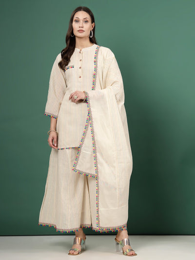 Cream and multicolored Kantha work mandarin collar kurta with sharara and dupatta set.