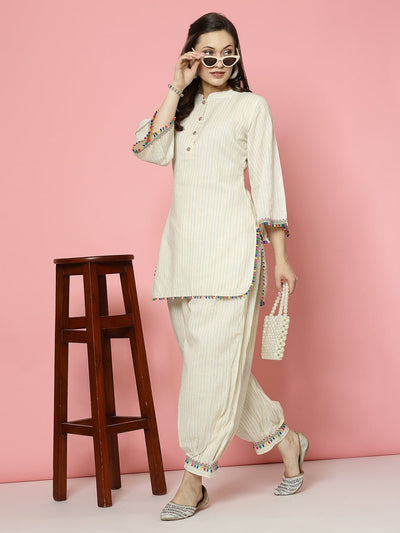Kantha work loose fit Afghani salwar in cotton, perfect for casual and semi-formal occasions.