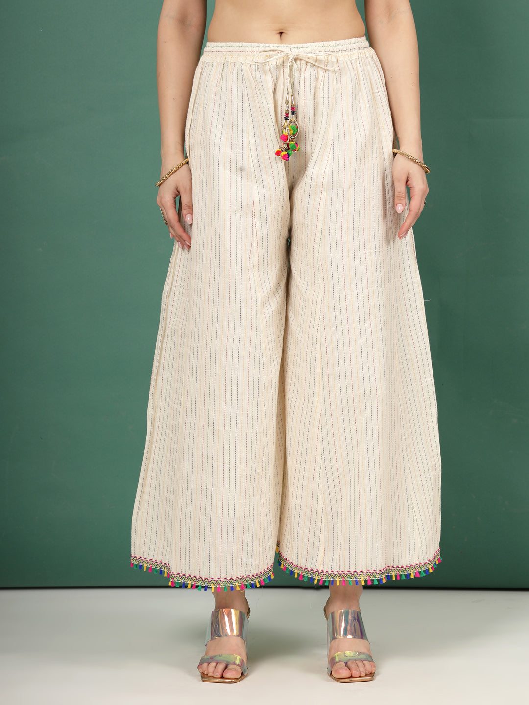 Kantha Work Flared Cotton Sharara with embroidery and tassel details.