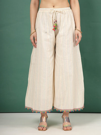 Kantha Work Flared Cotton Sharara with embroidery and tassel details.