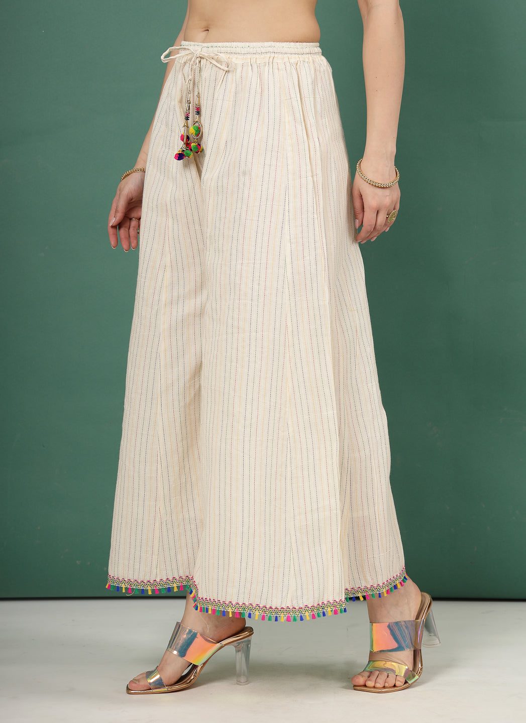 Kantha Work Flared Cotton Sharara with embroidery and tassels.