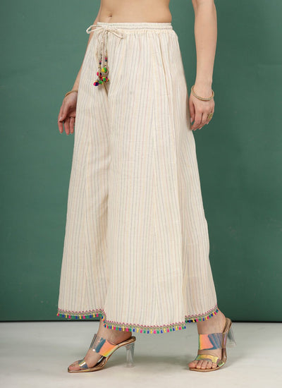 Kantha Work Flared Cotton Sharara with embroidery and tassels.