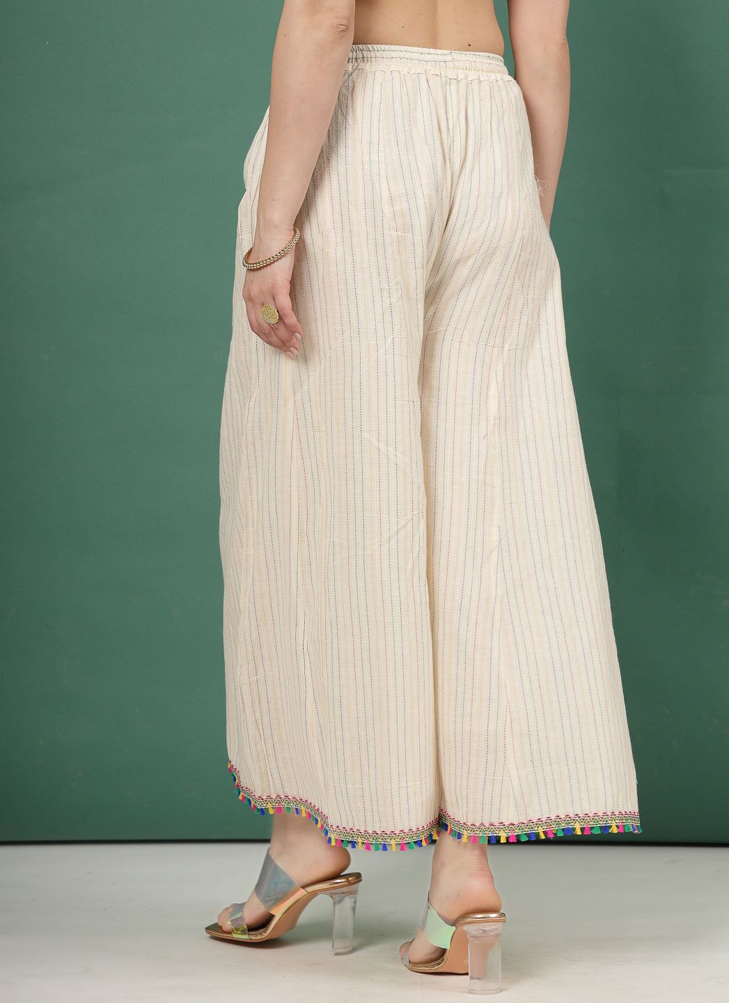 Kantha Work Flared Cotton Sharara with traditional embroidery and colorful hem.