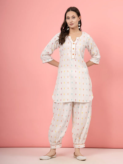 Ikat printed V-neck kurti with Afghani pants in white and multicolor.