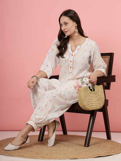 Ikat printed V-neck tunic with Afghani pants co-ords, multicolored lace detailing.