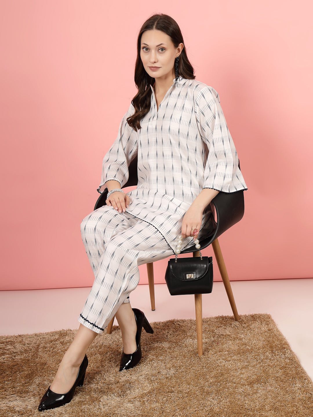 Ikat printed shirt collar kurti with palazzo set in white and navy, high-low hemline.