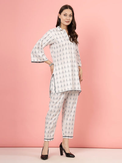 Ikat printed shirt collar kurti with high-low hemline and matching palazzo set.