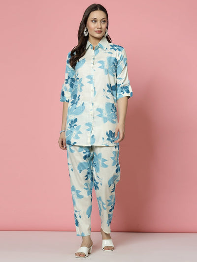 Floral printed shirt with trousers co-ords in turquoise blue.