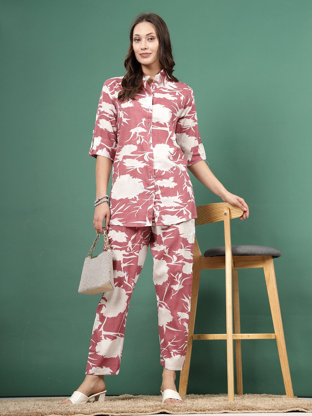 Printed shirt with trousers co-ords featuring abstract design, three-quarter sleeves, and elastic waistband.