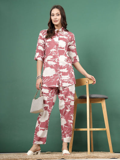 Printed shirt with trousers co-ords featuring abstract design, three-quarter sleeves, and elastic waistband.