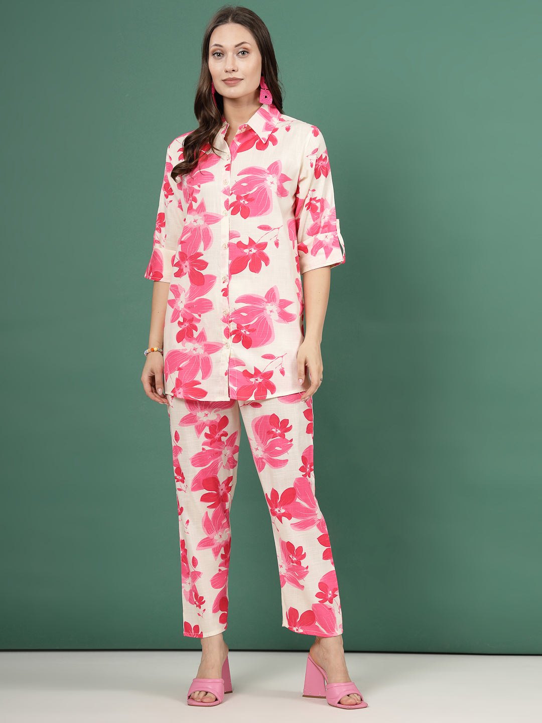 Floral printed shirt with trousers co-ords, pink floral design, three-quarter sleeves, shirt collar, elastic waistband.