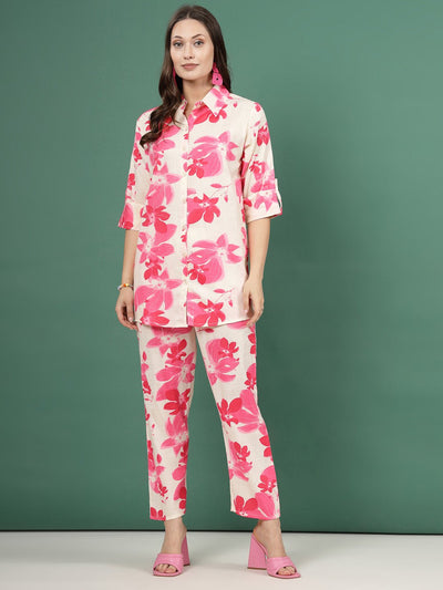 Floral printed shirt with trousers co-ords, pink floral design, three-quarter sleeves, shirt collar, elastic waistband.