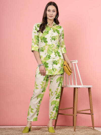 Floral printed shirt with trousers co-ords, featuring three-quarter sleeves and elasticated waistband.