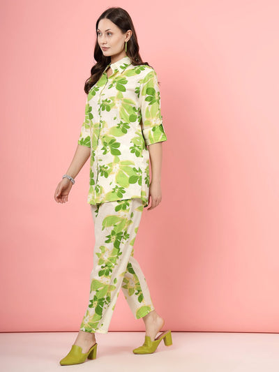 Floral printed shirt with trousers co-ords featuring pink floral design, three-quarter sleeves, and elasticated waistband.