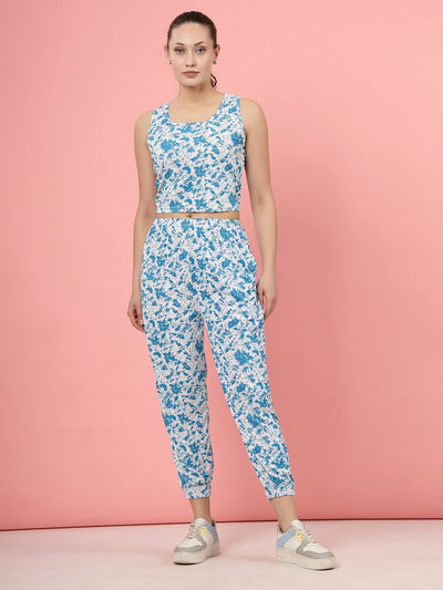Sky blue abstract printed sleeveless top and joggers co-ords set.