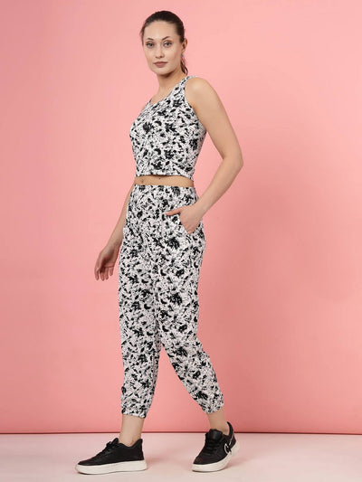 Printed sleeveless top with joggers co-ords in black abstract pattern.