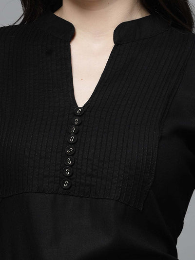Black yoke design kurta with mandarin collar and button details.