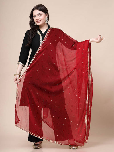 Maroon Chinnon Dupatta with Gotta Patti border, perfect for special occasions.