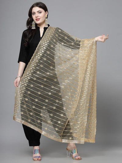 Golden embellished cut-work net dupatta with sequinned design and elegant border.