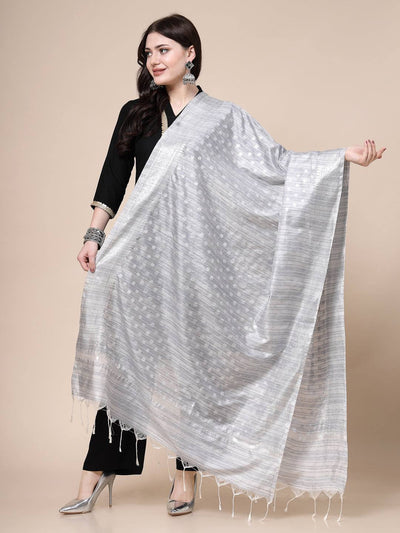 Grey Banarsi Silk Blend Dupatta with intricate woven design.