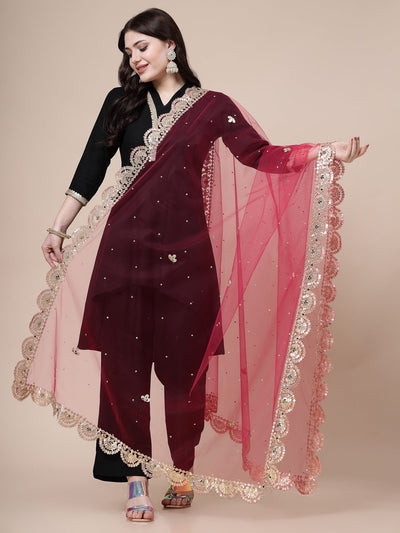 Magenta embellished net dupatta with gotta cut-work border.
