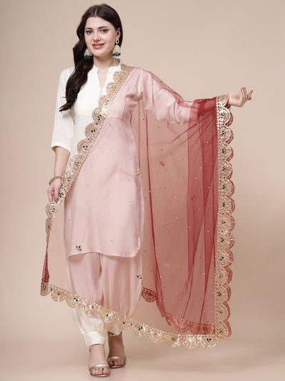 Maroon embellished net Dupatta with gotta cut-work border, perfect for festive occasions.