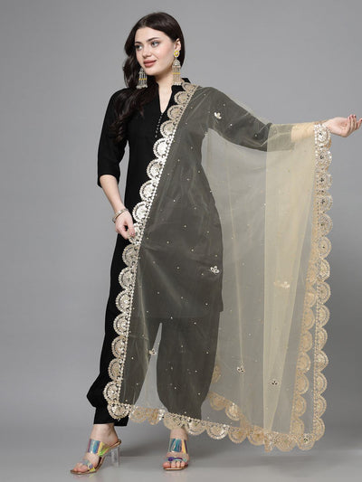Fawn embellished cut-work net dupatta with gotta border for elegant attire.