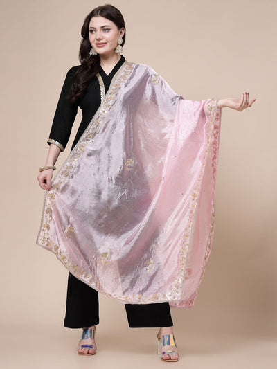 Baby pink embellished silk blend dupatta with intricate gotta patti work.