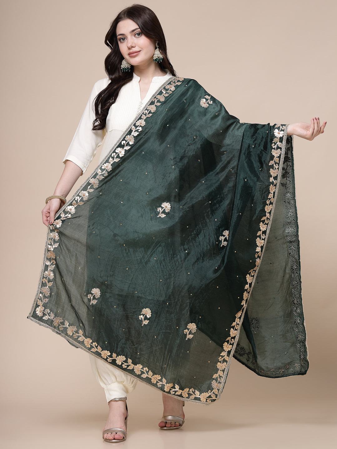 Bottle Green Embellished Silk Blend Dupatta with intricate gotta patti work.