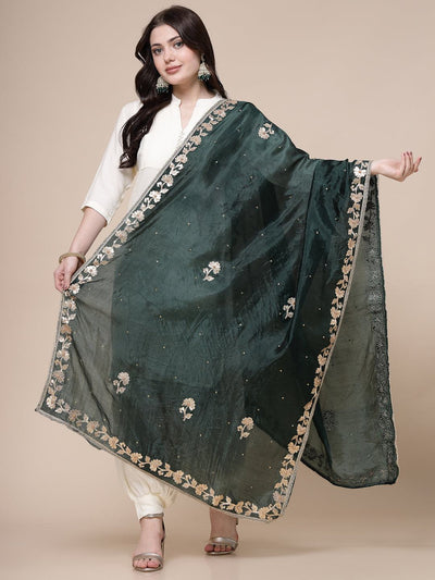 Bottle Green Embellished Silk Blend Dupatta with intricate gotta patti work.