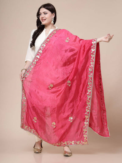 Magenta embellished silk blend dupatta with intricate gotta patti work.