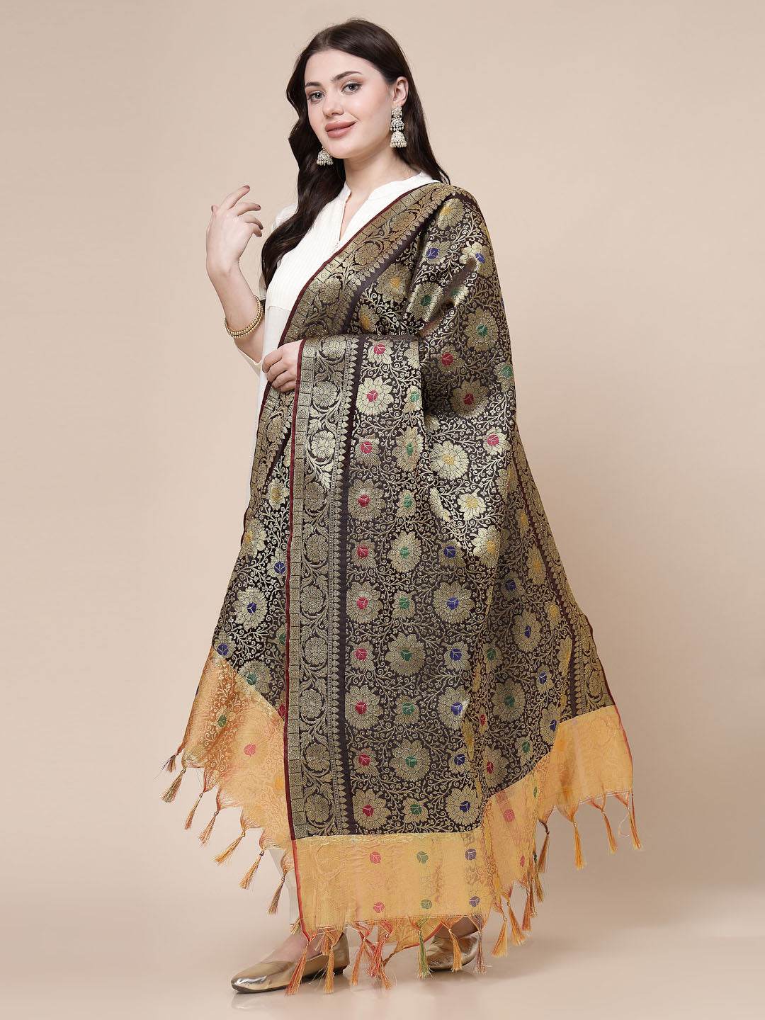 Black Banarsi silk dupatta with intricate woven design and colorful motifs.