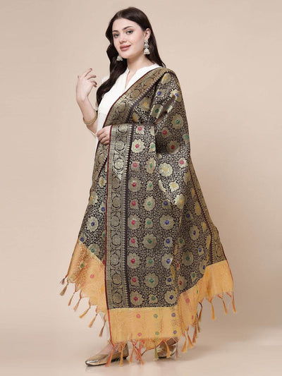 Black Banarsi silk dupatta with intricate woven design and colorful motifs.