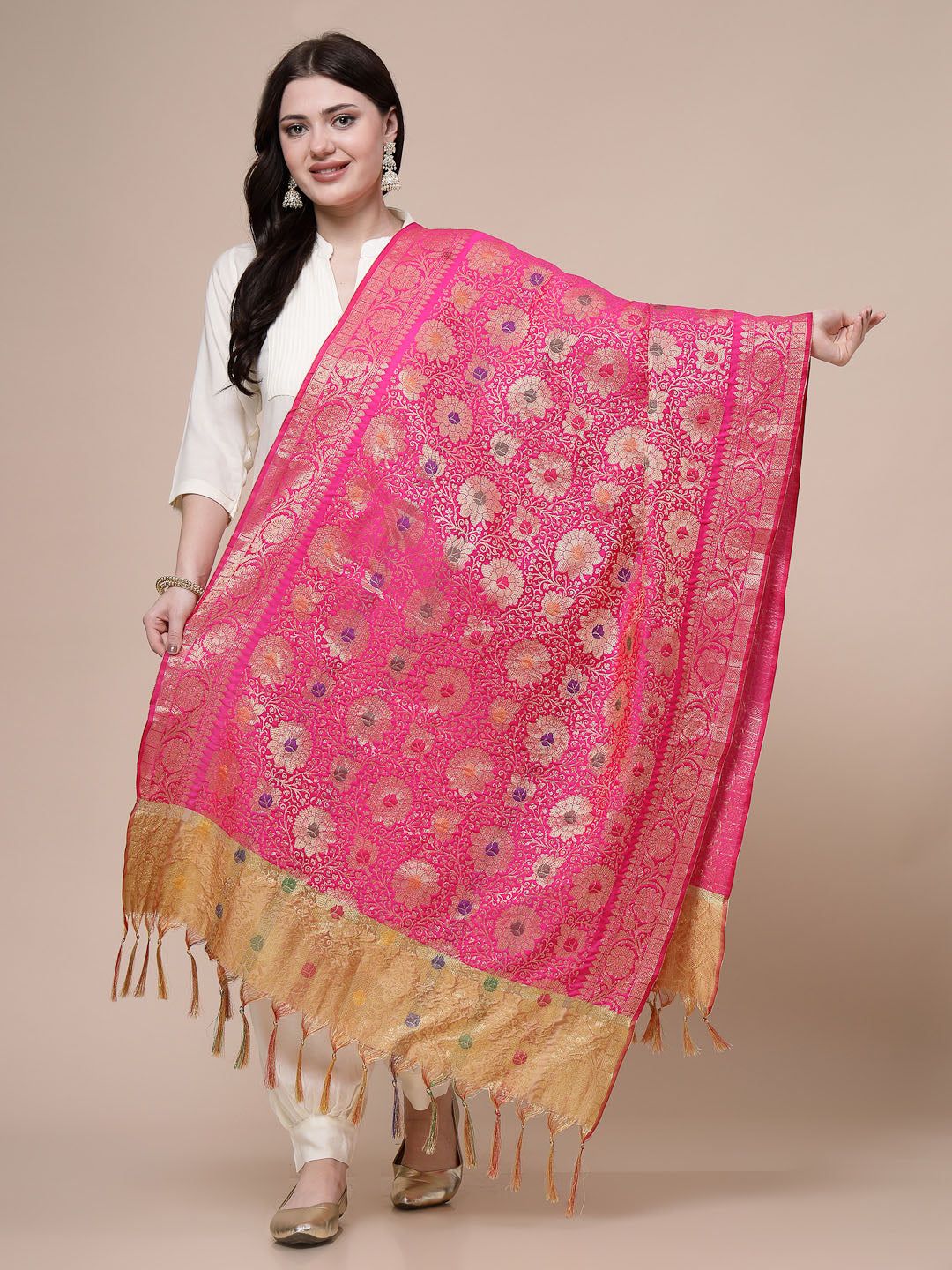 Magenta woven design Banarsi silk dupatta with intricate motifs.