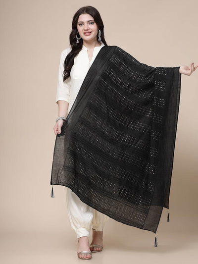 Black sequinned cotton dupatta with elegant design, perfect for stylish and comfortable all-day wear.