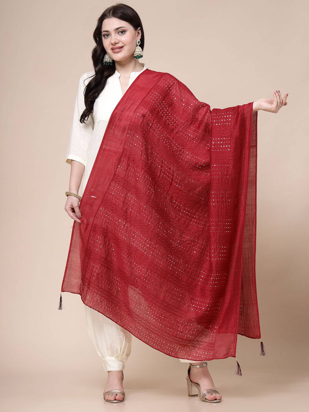 Maroon sequinned cotton dupatta, elegant and breathable accessory.