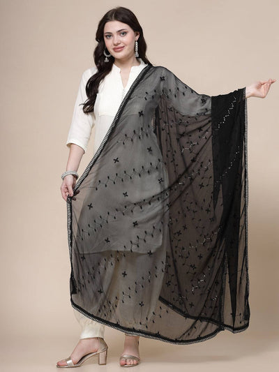 Black sequinned chiffon dupatta with elegant drape and lightweight texture.
