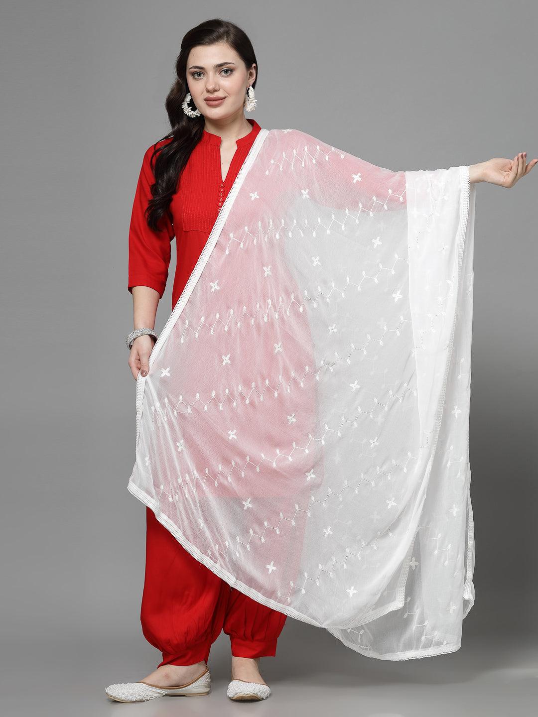 White sequinned chiffon dupatta with lightweight, airy texture.