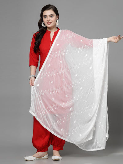 White sequinned chiffon dupatta with lightweight, airy texture.