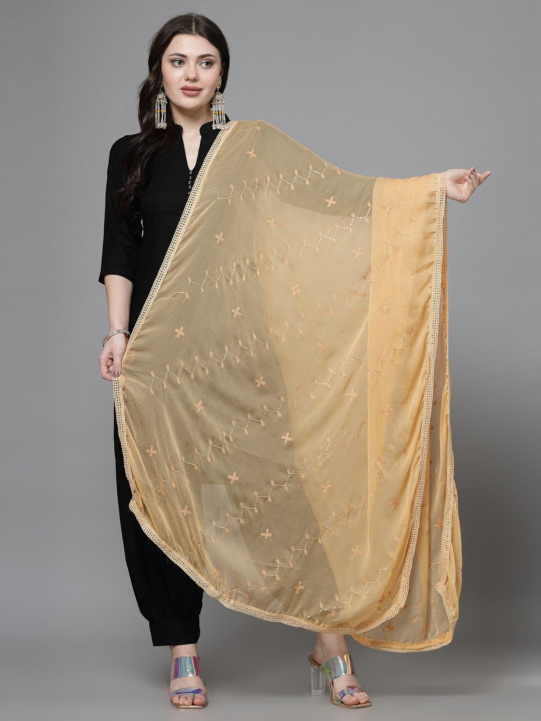 Fawn Sequinned Chiffon Dupatta with elegant design and lightweight drape.