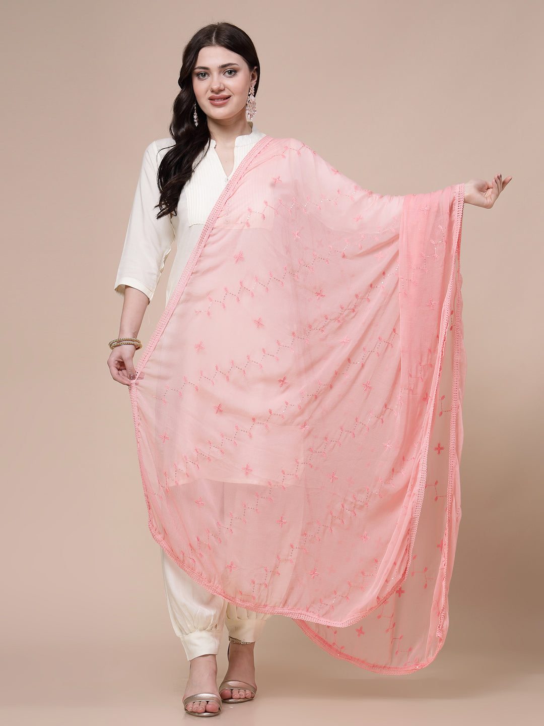 Peach Sequinned Chiffon Dupatta with lightweight, airy texture.