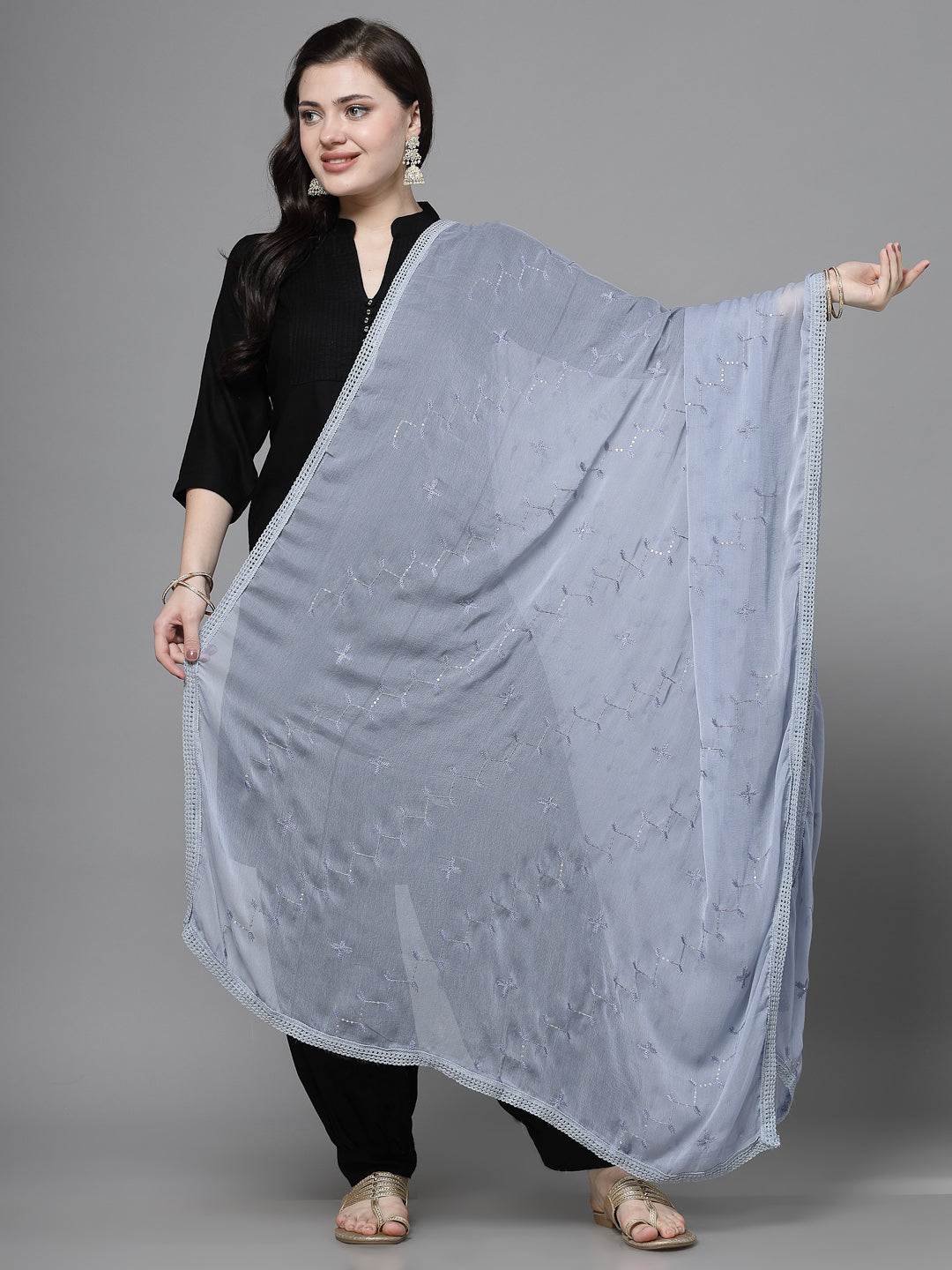 Grey sequinned chiffon dupatta with elegant drape.