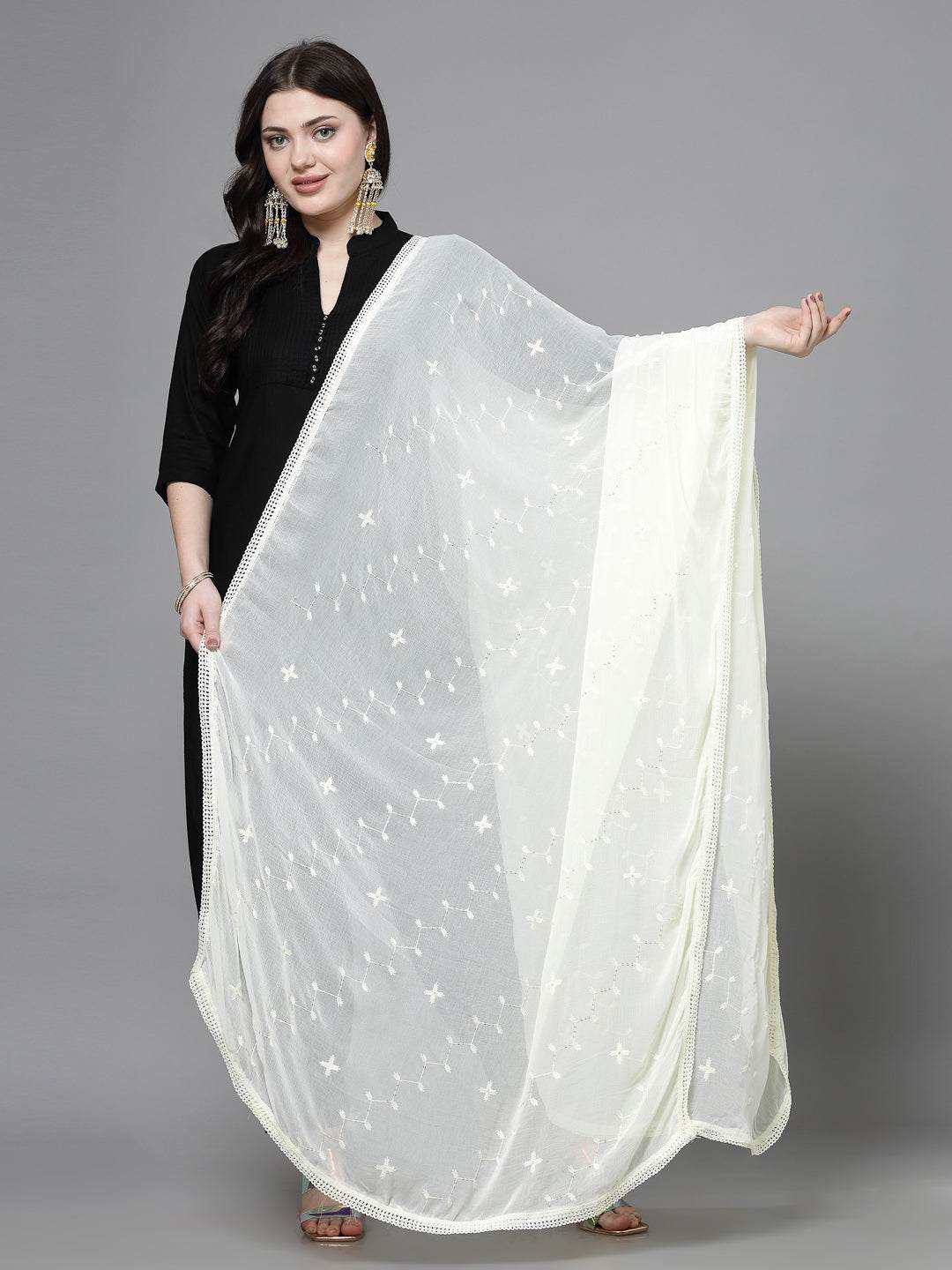 Cream Sequinned Chiffon Dupatta with elegant design and lightweight drape.