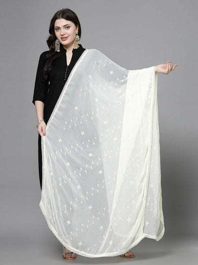 Cream Sequinned Chiffon Dupatta with elegant design and lightweight drape.