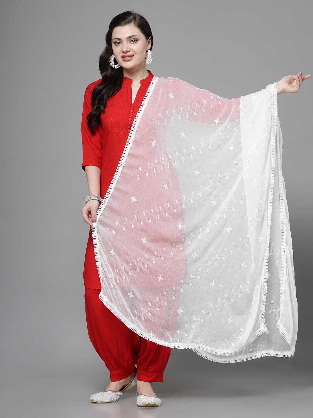Off-White Sequinned Chiffon Dupatta draped over red outfit.